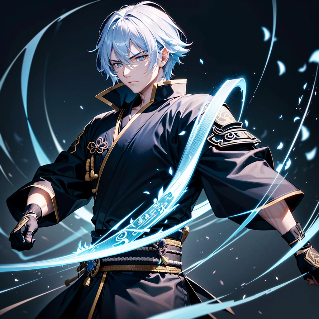 clearing, here is the description focused only on the character Gabriel:
Gabriel is standing, displaying a majestic and powerful presence. He wears an elegant black kimono, decorated with subtle details that combine samurai and ancient Chinese elements. His katana is a blade of vibrant blue energy, emitting a pulsating electric glow around you. Gabriel's wings are made of pure energy, similar to luminous feathers that radiate a soft, heavenly light. In your firm and determined stance, Gabriel personifies the combination of elegance and strength, standing out as a celestial being in his own right.