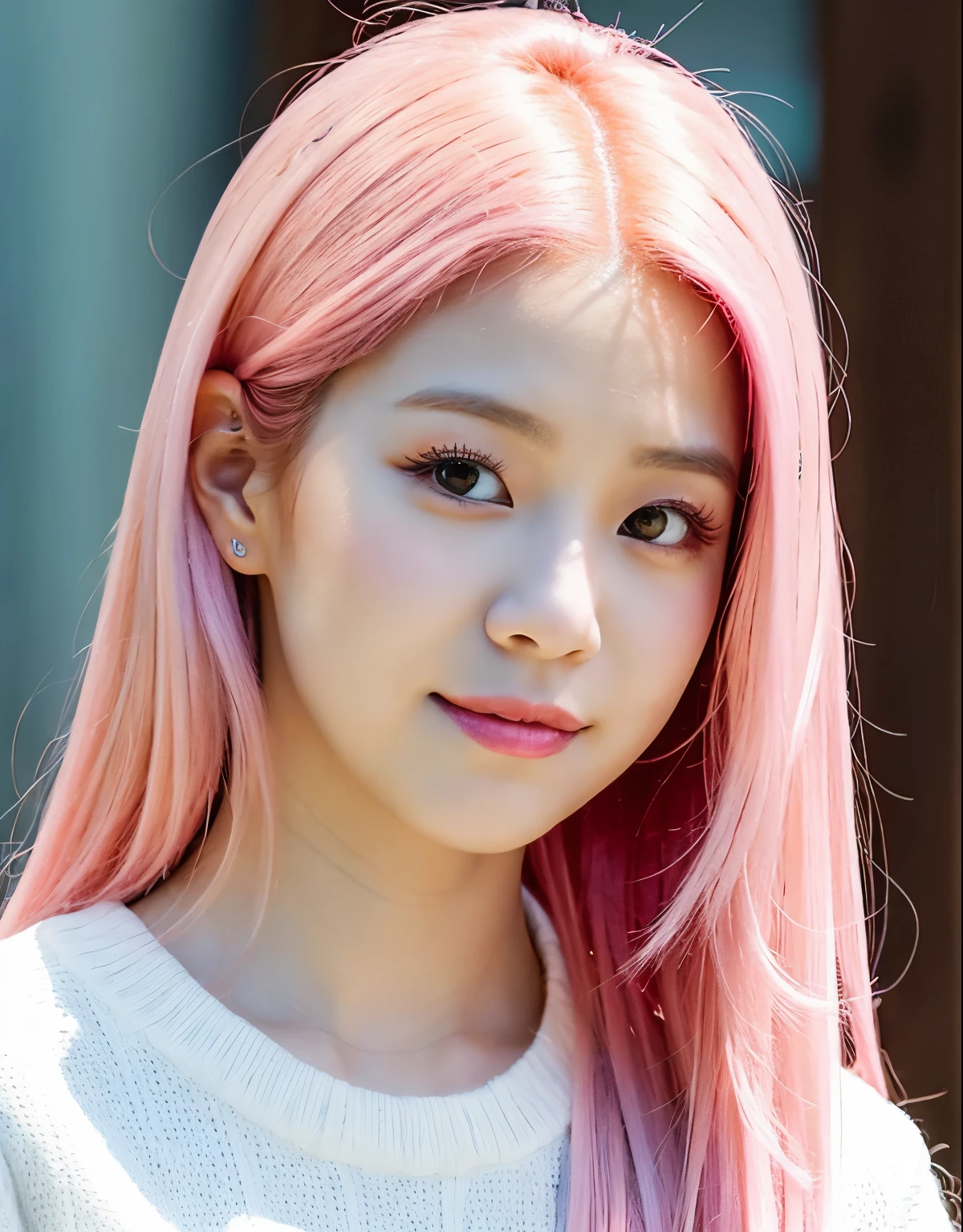 a close up of a woman with pink hair and a white sweater, jisoo of blackpink, jisoo from blackpink, jossi of blackpink, portrait jisoo blackpink, with pink hair, tzuyu from twice, jaeyeon nam, park ji-min, portrait of jossi of blackpink, pink straight hair, jinyoung shin, lee ji - eun, lee ji-eun