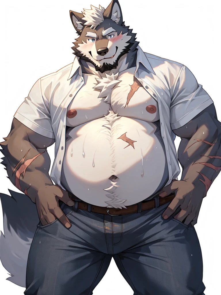 4k, high resolution, best quality, masterpiece, perfect shadows, front view, furry, solo, fat, beard, long white hair, wolf, male, masculine, belly, chubby, wearing shirt(shirtless, shirt, open shirt, handsome), wearing pants, belly, nipples, sweat, sweating, looking at viewer, shy, blushing smiling, happy, hands on hips((correct anatomy)), huge scars on body, white background