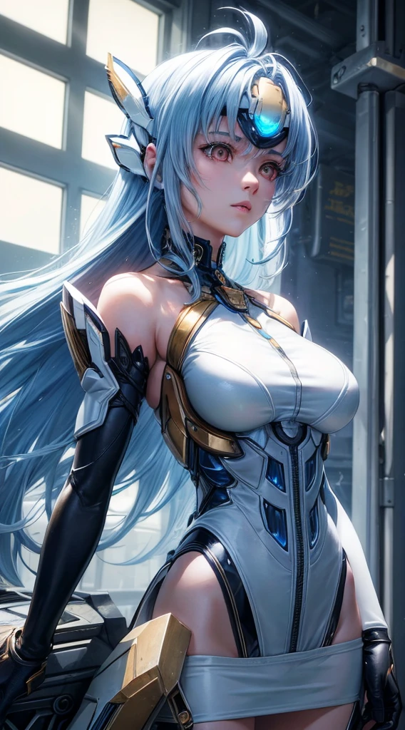 top-quality、masterpiece、超A high resolution、(Photorealsitic:1.4)、1人、Light blue hair、Straight hair, shiny and clean hair、White shiny skin、Sexy Cyberpunk Girl、((super realistic details))、Shadow、octan render、ultrasharp、hyperdetailed face、Fiberglass、Luminous tube、highly intricate detail、Realistic light、CGSoation Trends、((Golden Eyes))、(Facing the camera)、neon detailechanical limbechanical vertebrae attached to the back、mechanical cervical attaching to neck、Wires and cables connecting to the head、((valkyrie))、((Beam Cannon))、Combat stance