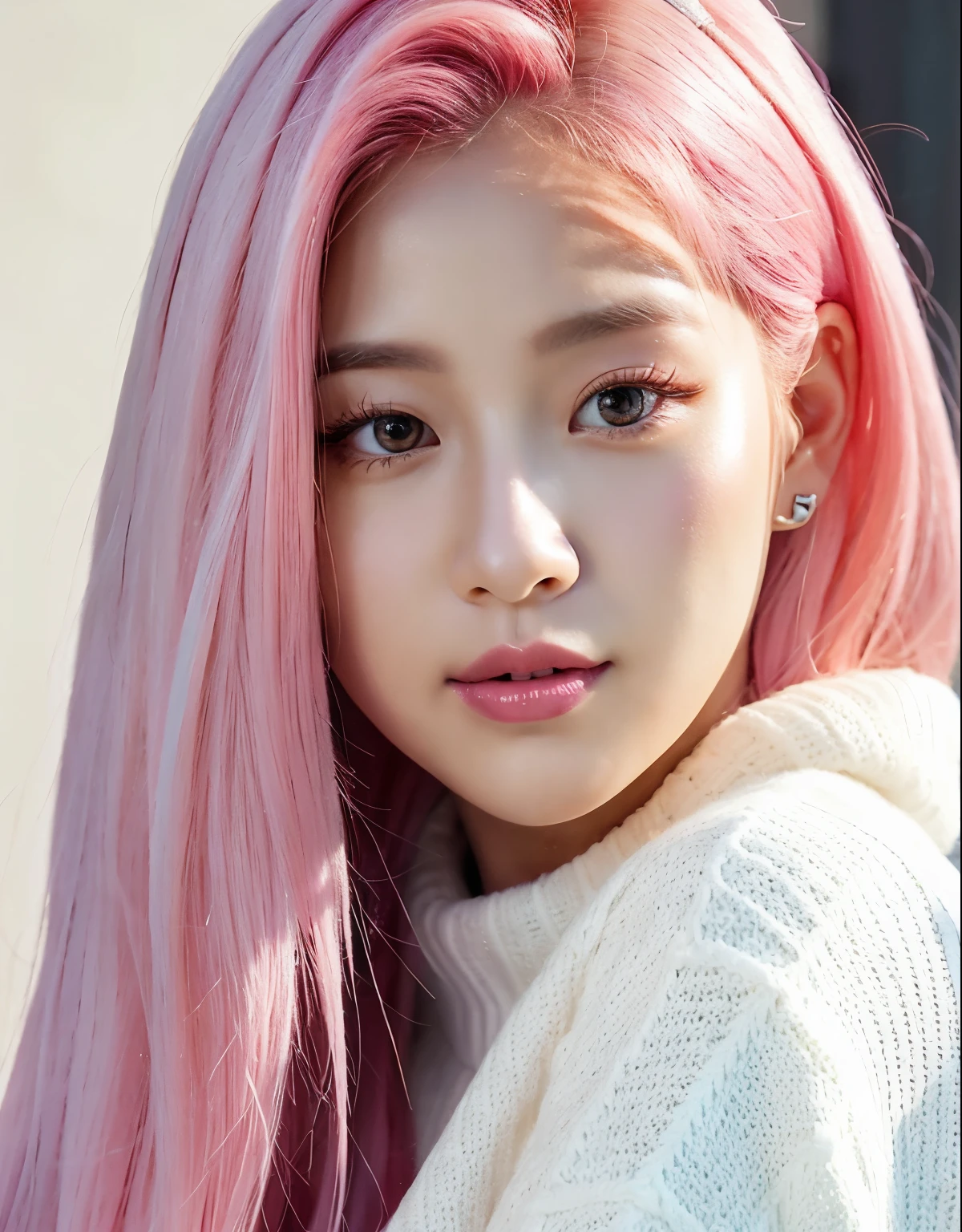 a close up of a woman with pink hair and a white sweater, jisoo of blackpink, jisoo from blackpink, jossi of blackpink, portrait jisoo blackpink, with pink hair, tzuyu from twice, jaeyeon nam, park ji-min, portrait of jossi of blackpink, pink straight hair, jinyoung shin, lee ji - eun, lee ji-eun