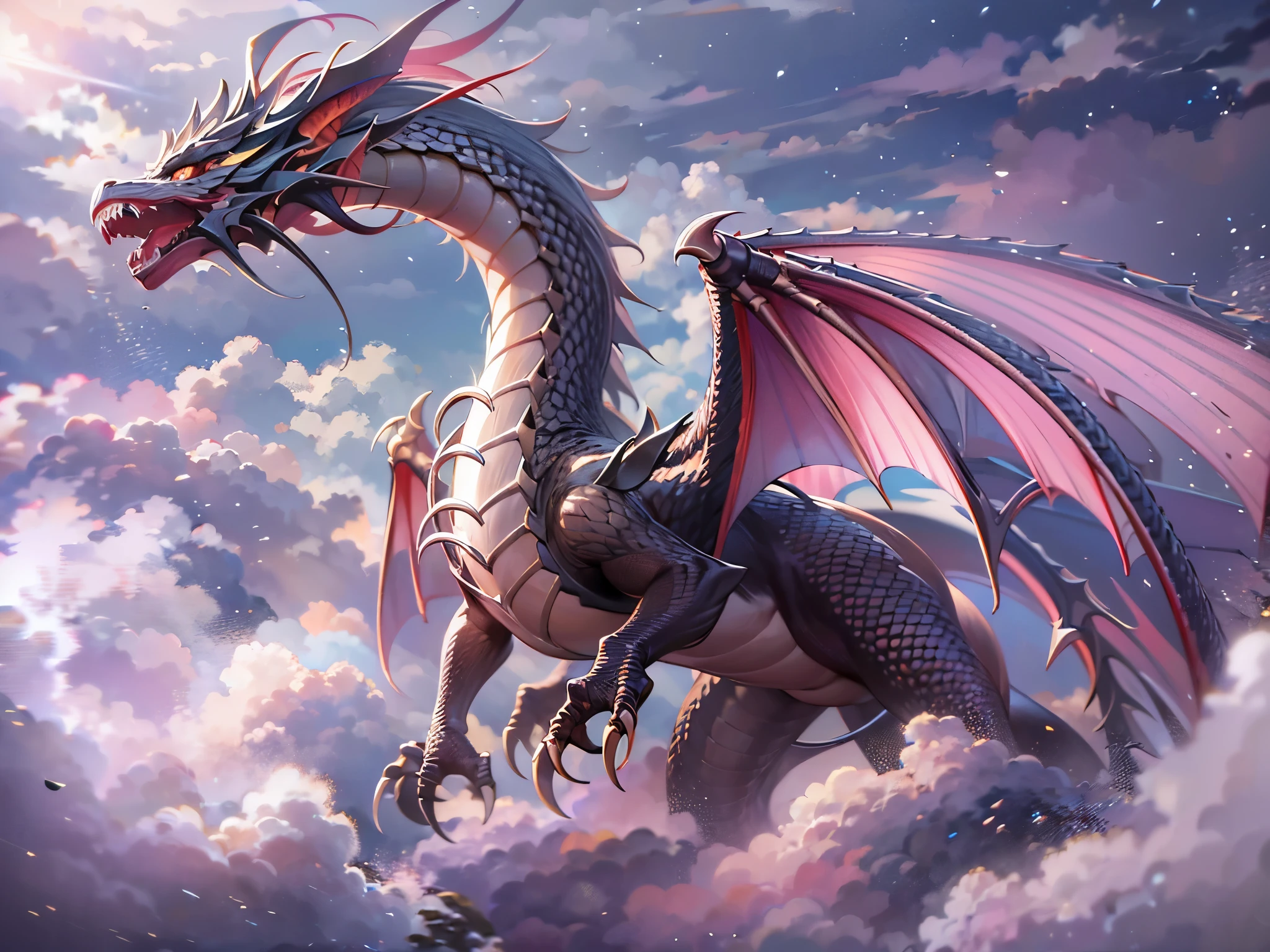 ((Highest quality)),(Ultra-high resolution),(Ultra-detailed new),(Detailed Description),((The best CG)),(masterpiece),Highly detailed art,A wonderful new art form,(Art with precise details:1.5), cloud, dragon:1.9