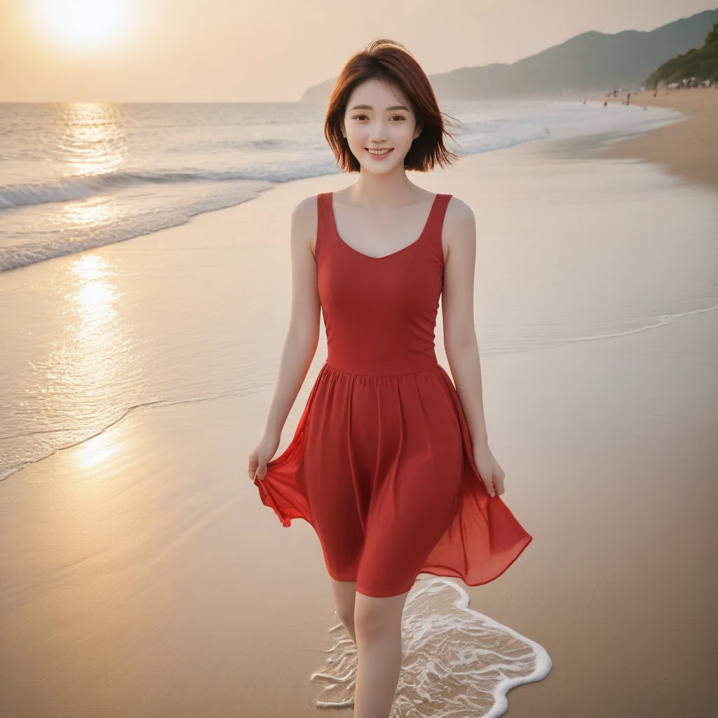 beautiful korean girl, Chest size 34 inches, Wear sleeveless, light skirt, Sunset The entire beach is dyed red. beautiful pretty woman look , wearing a light skirt , Go far into the sea water and dip your toes., Short medium hair blowing in the wind, 1 woman, beautiful eyes, a little smile, Full body photo from a distance with a wide angle lens.
