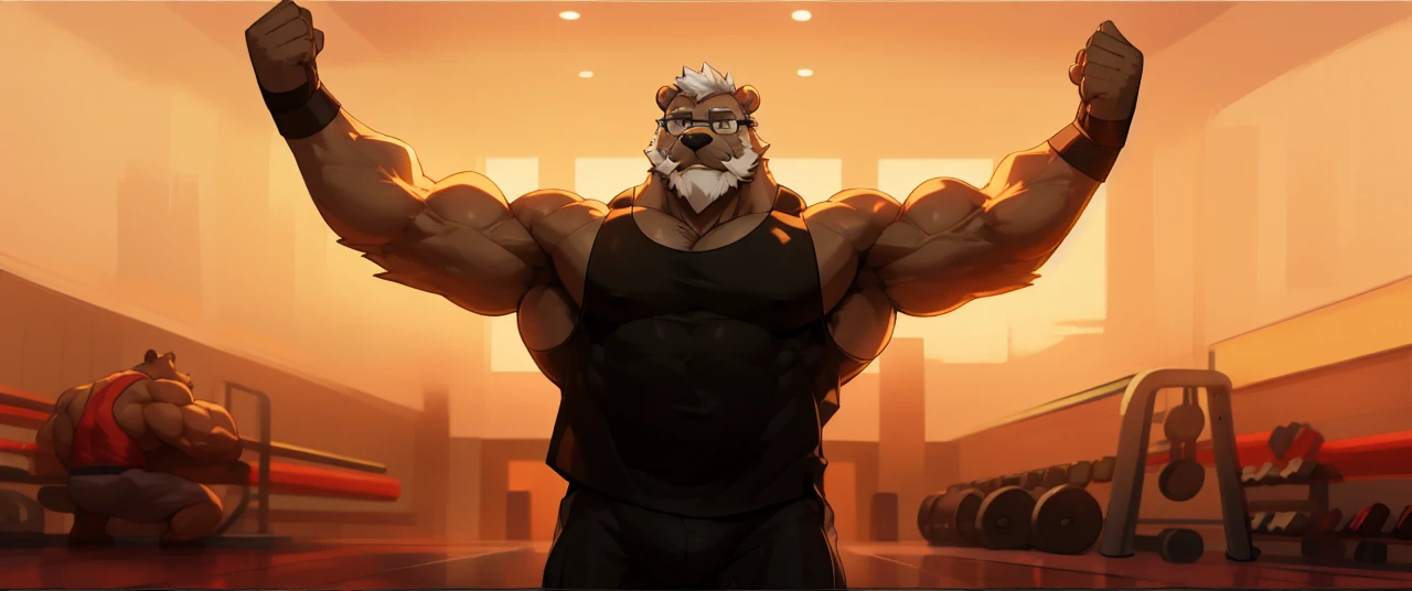 solo, 1boy, Huge Muscular Old Grizzly Bear wearing glasses , pectoral, huge pectoral, wide pectoral, short white hair, short pants, black wristbands and black tank top , bearded, Mustache, simple background, masterpiece, high detailed, 8k, high resolution, at the gym, flexes huge muscles