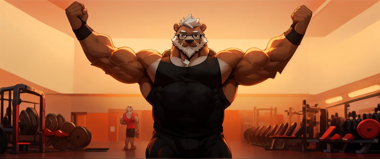 solo, 1boy, Huge Muscular Old Grizzly Bear wearing glasses , pectoral, huge pectoral, wide pectoral, short white hair, short pants, black wristbands and black tank top , bearded, Mustache, simple background, masterpiece, high detailed, 8k, high resolution, at the gym, flexes huge muscles