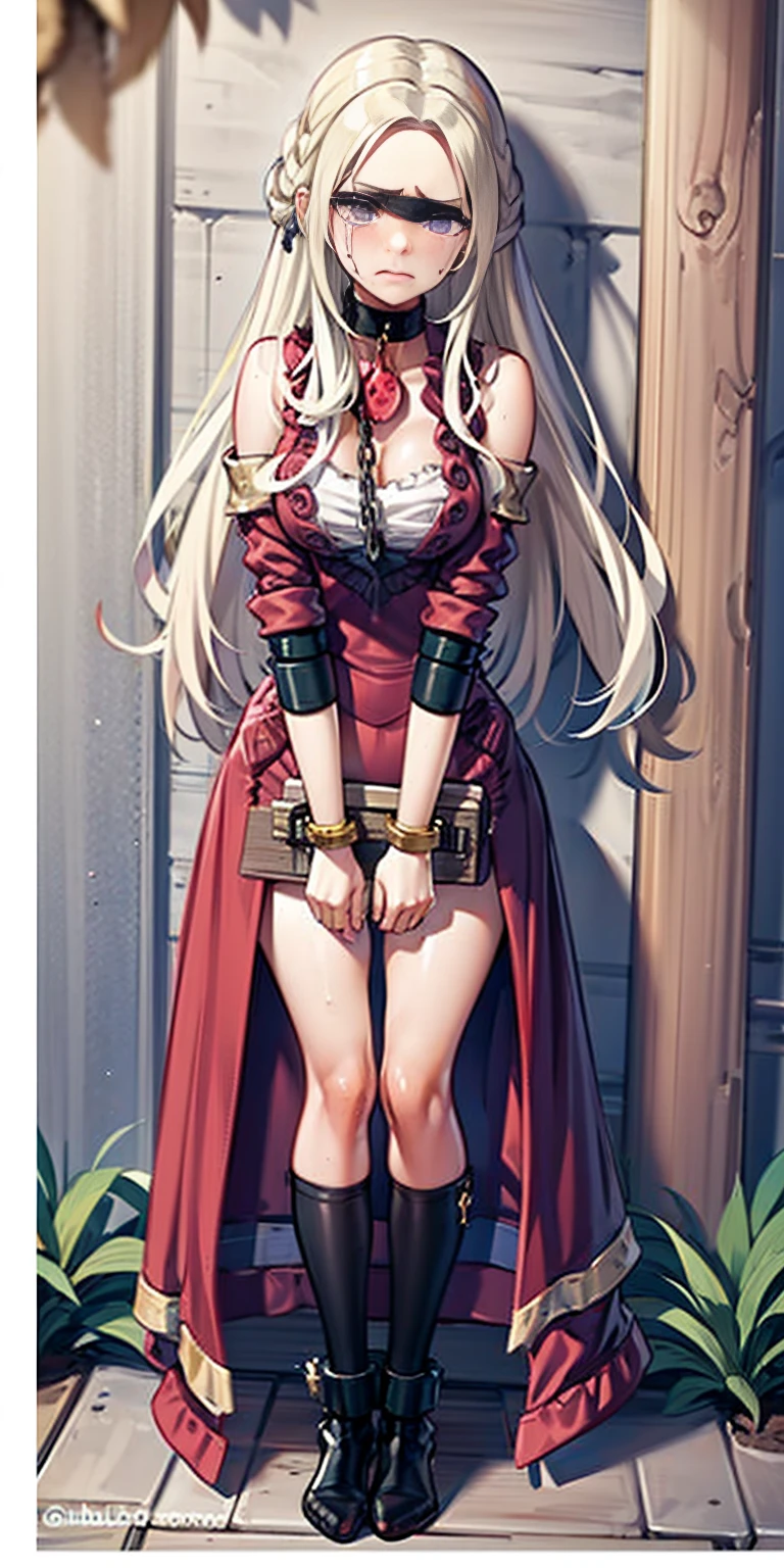 (Masterpiece, Best Quality), intricate details, 1 girl, 1 girl in, edad19, Alone, wide, colossal, looking at the viewer, by rubio, alexis texas (Standing full length, from head to toe by a wooden post.:1.2) iron necklace, arms behind the back, iron fists, shackles, tied, bondage suit, leverage, o ring, bondage suit blindfolded, happy Red cheeks, chain leash collar choker neck bell shackles wristbands bracers bracelets, Slit jaw, Sad face, Red cheeks, crying tears, Painful (She was sold and betrayed by her own family)