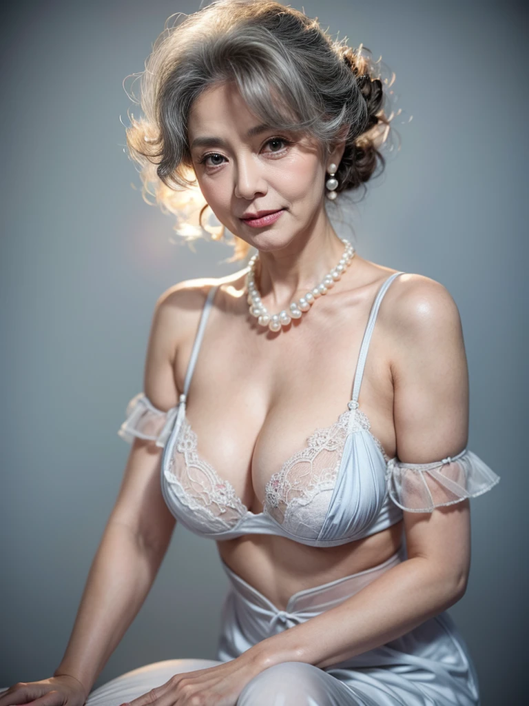 Beautiful elderly woman, cute,sexy,55 years old,,sexy,Wear a pearl necklace, old woman,Big saggy Breasts, Light blue revealing dress, White embroidered bra, Curly Hair, plain grey background, depth of field, f-stop 2.4