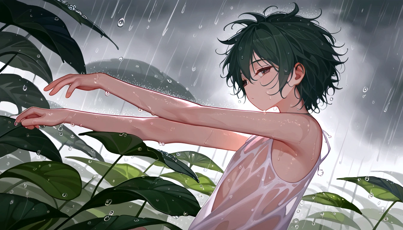 score 9, source anime, wide shot, a young girl dancing in the rain, dynamic pose, perfect face, playful expression, messy hair, wet skin, rain drops, outdoor garden scene, lush green foliage, overcast sky, dramatic lighting, moody colors, cinematic, best quality, 8k, highres, masterpiece, ultra-detailed,