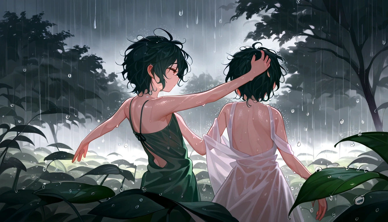 score 9, source anime, wide shot, a young girl dancing in the rain, dynamic pose, perfect face, playful expression, messy hair, wet skin, rain drops, outdoor garden scene, lush green foliage, overcast sky, dramatic lighting, moody colors, cinematic, best quality, 8k, highres, masterpiece, ultra-detailed,