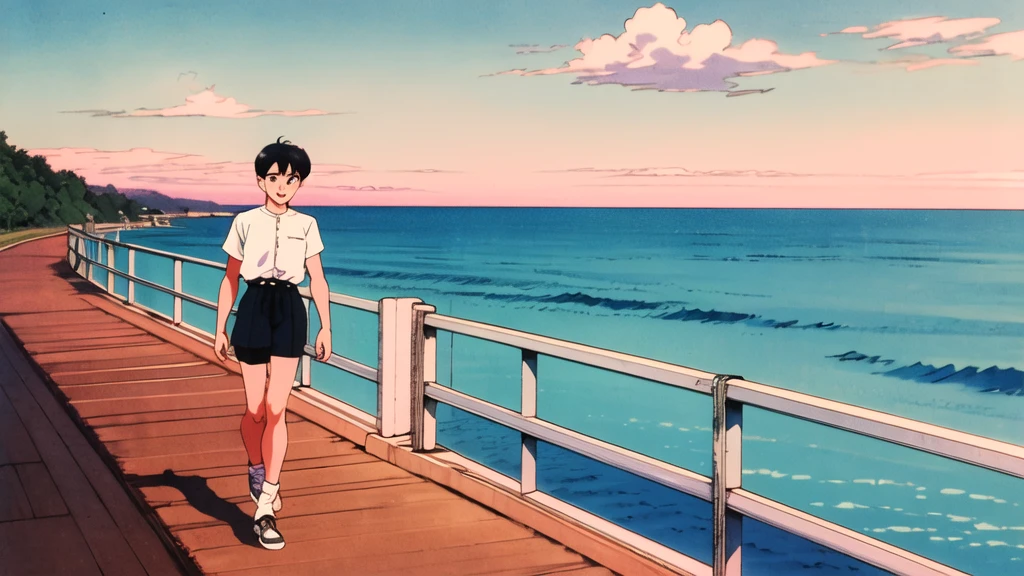 masterpiece,Highest quality,High resolution,Chiba Mamoru,One boy,Black Hair,green,alone,retro artstyle,short hair,1990s \(style\),View your viewers,Ocean,wood,smile,Shorts,Best,walking,sunlight,