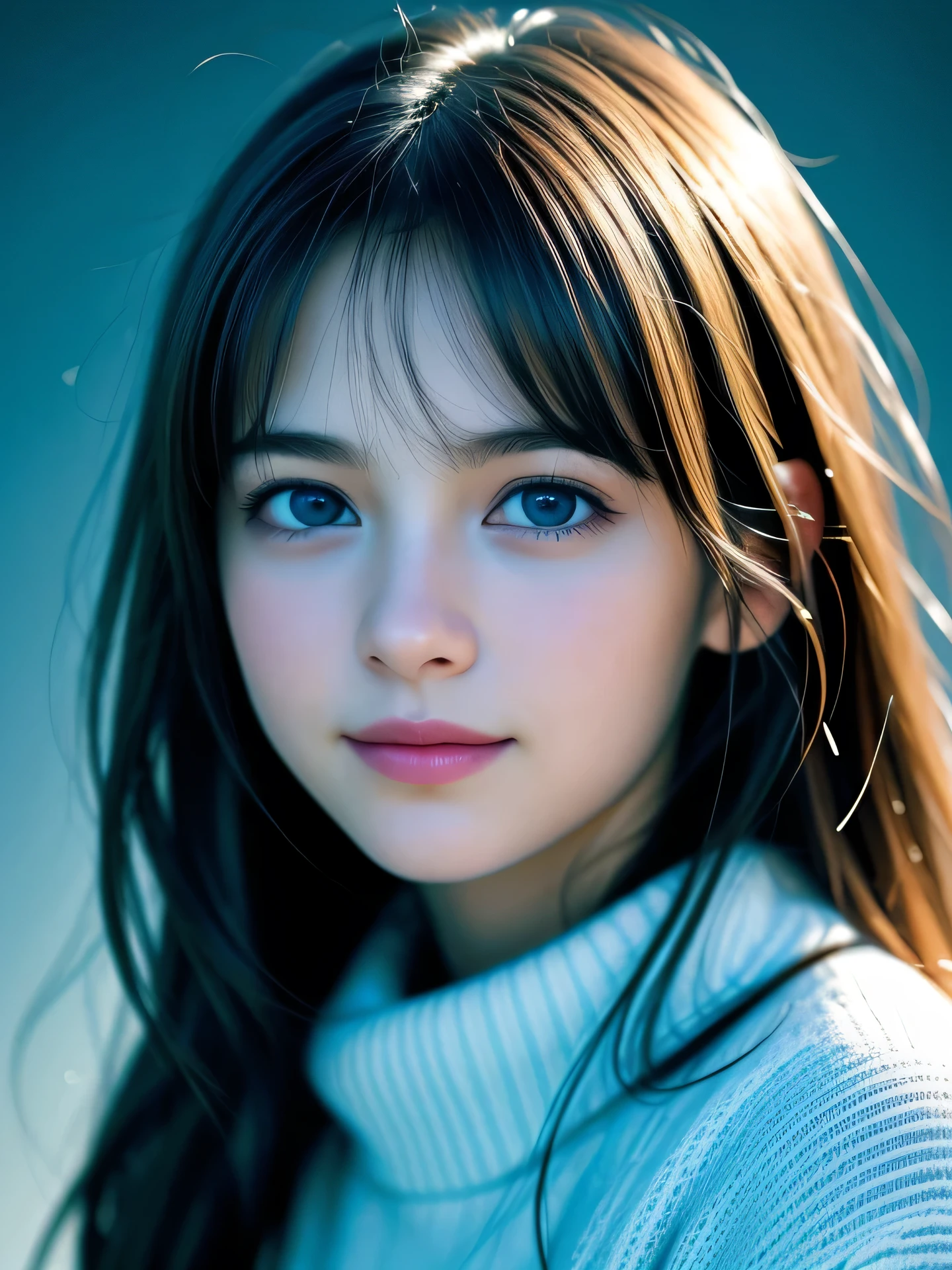 (Photo Real:1.4), (hyper realisitic:1.4), (Smooth lighting:1.05), 1 girl, ager, blue eyes, happy, shy, smile, looking away, Close-up of the face, Soft lighting, Back lighting, (Finest Real Textured Skins), Super fine face, glowy skin, retinas, Anatomically correct, (Wavy medium Hair:1.1), bangs, Textured skin, High quality, high details, Best Quality, High resolution, sweater