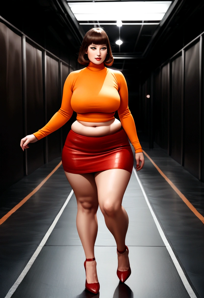 realistic detailed photo, Extremely curvy cosplay fashion model dressed as velma wearing an orange turtleneck sweater and a red mini skirt lat stomach, small waste and extra wide hips, walking down the runway
