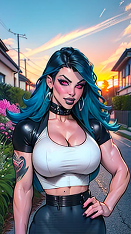 Realistic, 1girl, curvaceous, blue hair, red eyes, glowing eyes, cropped top, plunging neckline, high waisted skirt, with side slit, parted lips, irezumi tattoos, blush, night, flowers, sunset, sunlight, big breasts, thick muscular legs, Azur route Saint Luce, in the style of vintage pinup posters