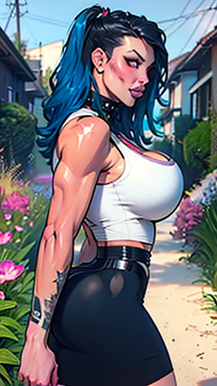 Realistic, 1girl, curvaceous, blue hair, red eyes, glowing eyes, cropped top, plunging neckline, high waisted skirt, with side slit, parted lips, irezumi tattoos, blush, night, flowers, sunset, sunlight, big breasts, thick muscular legs, Azur route Saint Luce, in the style of vintage pinup posters