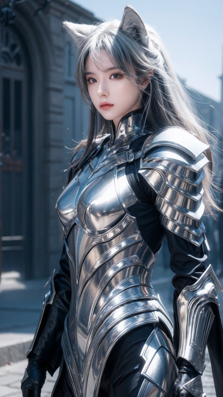 Wolf Rider, Excellent armor, Complex design, silver, silk, light, 4K, Flowing hair, sharp