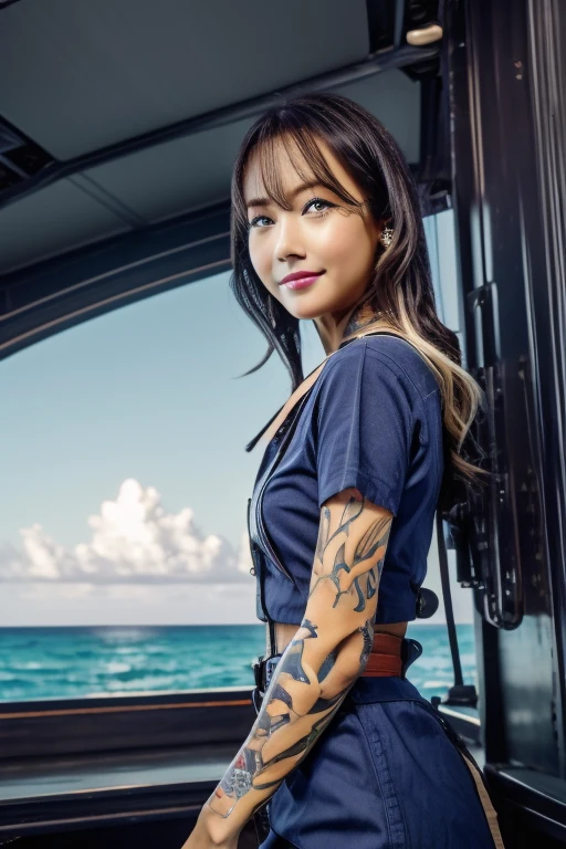 {{Masterpiece, Best Quality, Extremely detailed CG, unity wallpaper 8k, cinematic lighting, }}, Sony α7, Wide frame, South Pacific, during the war with the Asian powers, wind blowing on the Aegis ship, 1 girl, whole body, SMILE, She is a sailor in the US Navy., Caucasian, 20 years, SMILE, by rubio, short bob, Blue eyes , long eyelashes ,