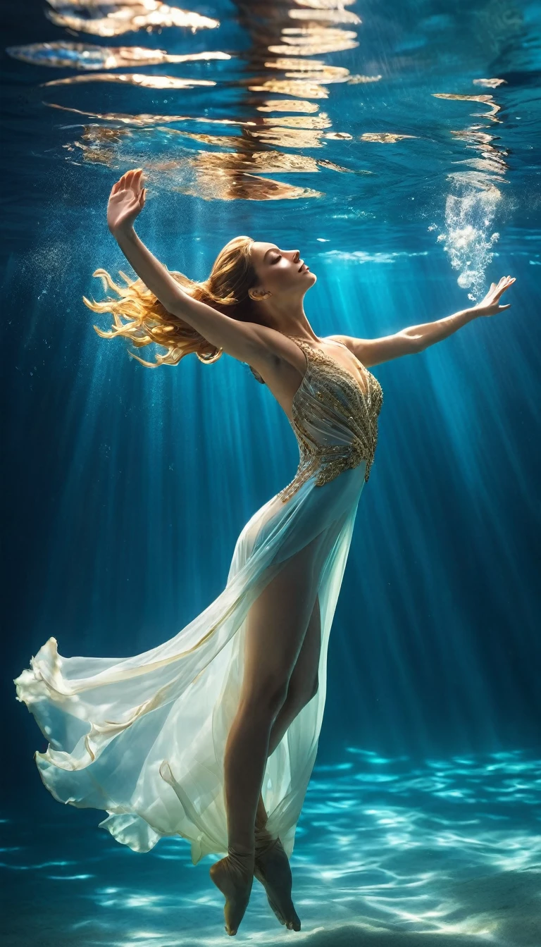 On a sunny day (An attractive woman in an evening dress floats in the blue water), Bending over, Underwater rhythmic gymnastics, Underwater Photography, Ethereal atmosphere, Elegant underwater lighting, Best quality, high resolution, Ultrafine, Photorealism: 1.37, Shaw Style, Zena Holloway Style, Vibrant colors in a dreamy palette, Soft golden sunlight shines through the water, Creating Heavenly Light. The ocean surface sparkles,Lush, The flowing fabric of the evening gown billows gracefully in the water. Woman's charming eyes, Charming and expressive eyes, And long flowing hair gently floating on the water, Create a magical and weightless atmosphere, With subtle hints of marine life,For example, colorful fish or delicate corals, Capturing the stillness and tranquility of being suspended in water, Elegance and sophistication intertwined with the natural beauty of the ocean, Women exude elegance and confidence, Easily integrates into aquatic environments.