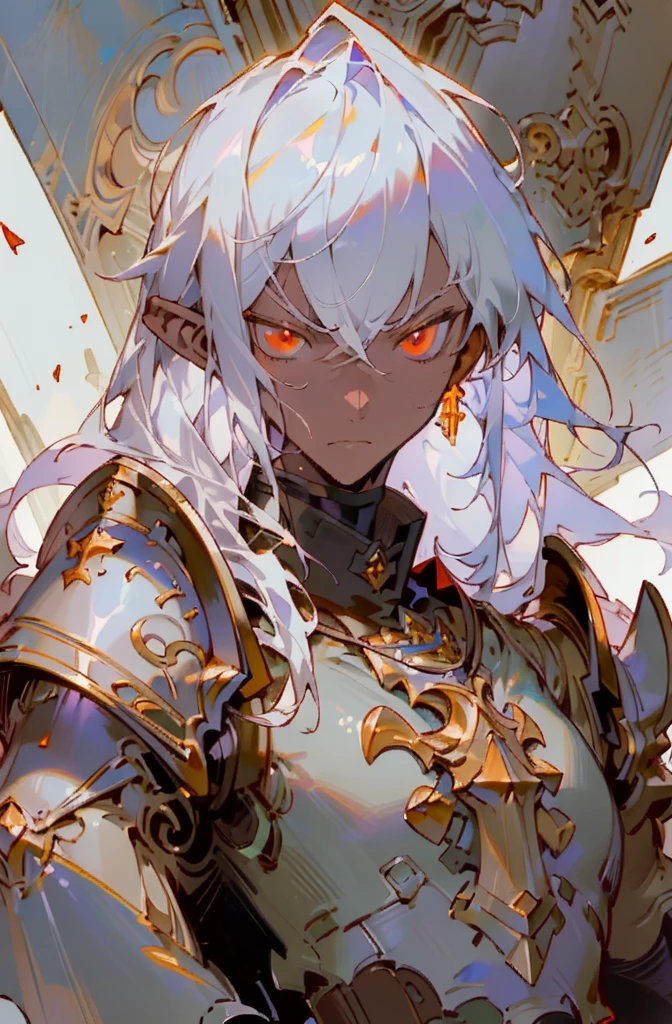 masterpiece, best quality, ultra high res, dark theme, 1boy, (dungeonpunk armor), (mechanical steampunk armor), (wearing armor), fantasy illustration, dark skinned, human, upper body, portrait, red eyes, long white hair, half-drow, pointy ears, serious face, young man, dramatic lighting, purple hue, art by Kinema Citrus