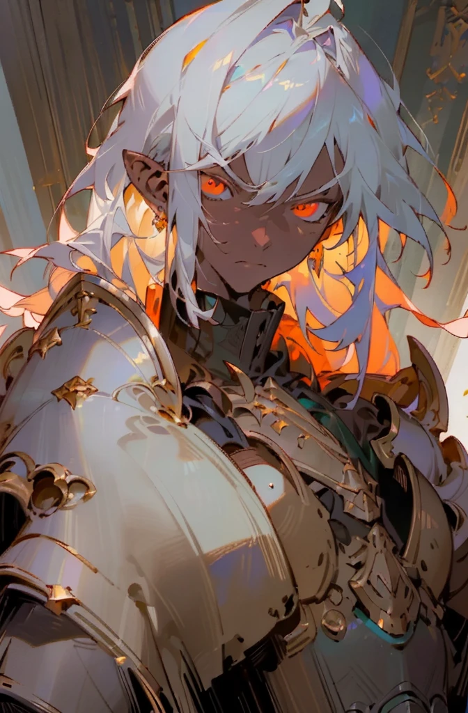 masterpiece, best quality, ultra high res, dark theme, 1boy, (dungeonpunk armor), (mechanical steampunk armor), (wearing armor), fantasy illustration, dark skinned, human, upper body, portrait, red eyes, long white hair, half-drow, pointy ears, serious face, young man, dramatic lighting, purple hue, art by Kinema Citrus