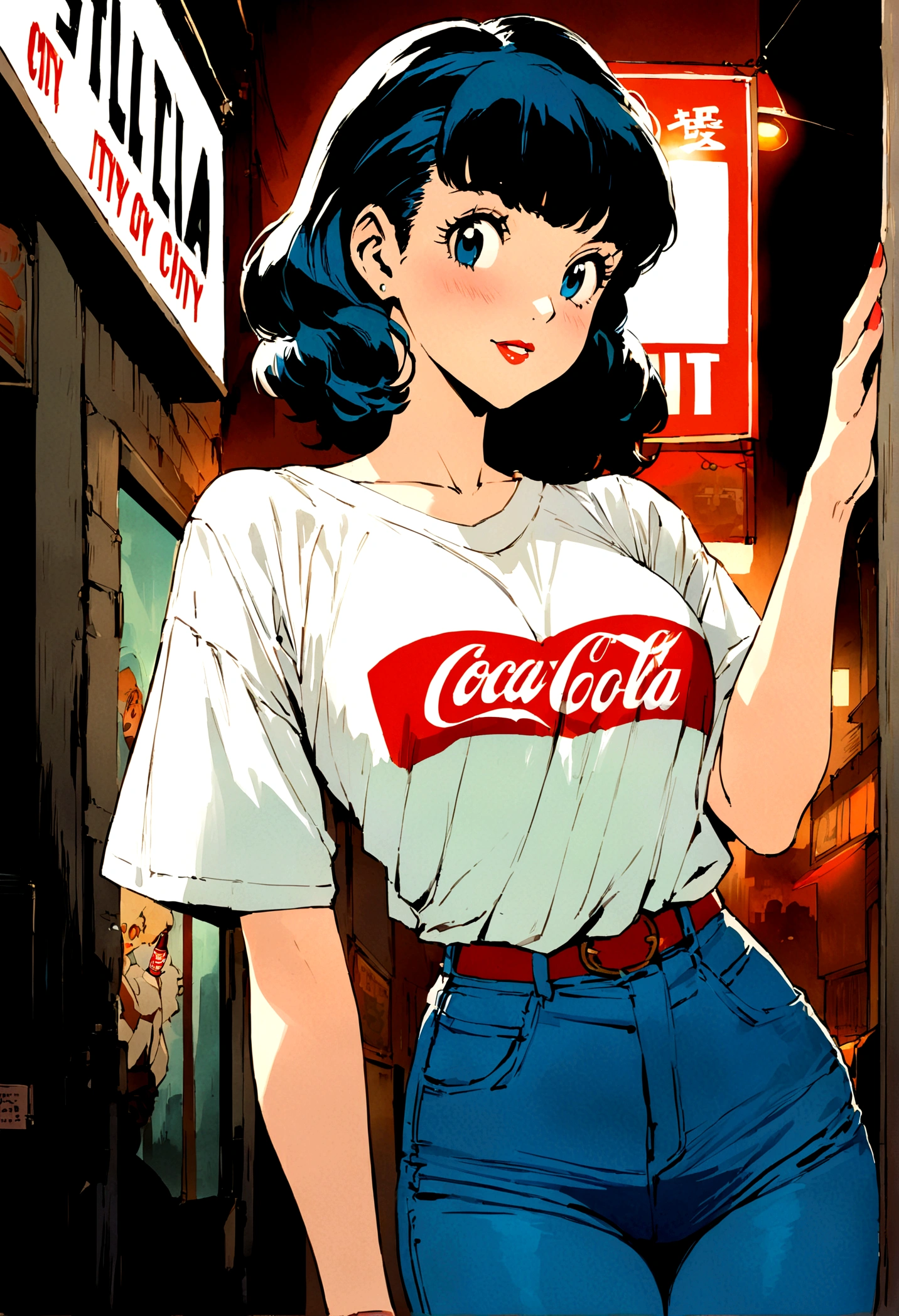 (vintage),(Retro),(Cartel), coca cola advertising with perfect girl, clothing oversized blue jeans and white t-shirt with open waist(sexy), military environment, Masterpiece, comics(tokyo city) (1990) night atmosphere, with city lighting
