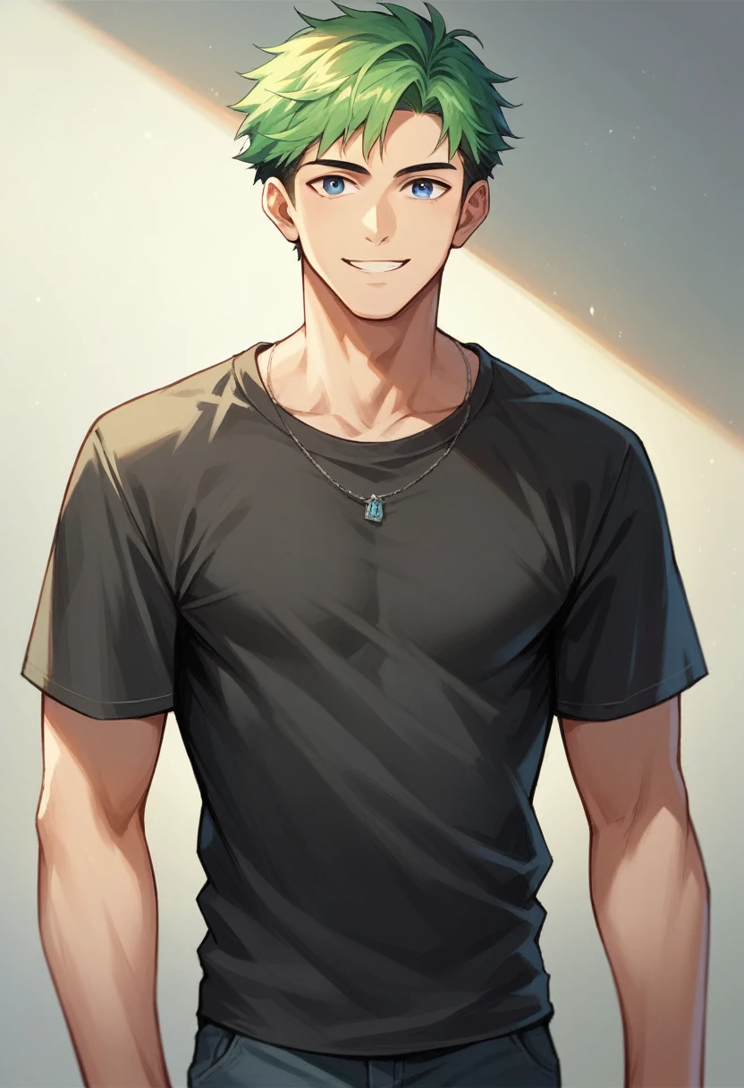 Solo, Male, smile facial, masterpiece, highres, green hair, blue eyes, black casual shirt