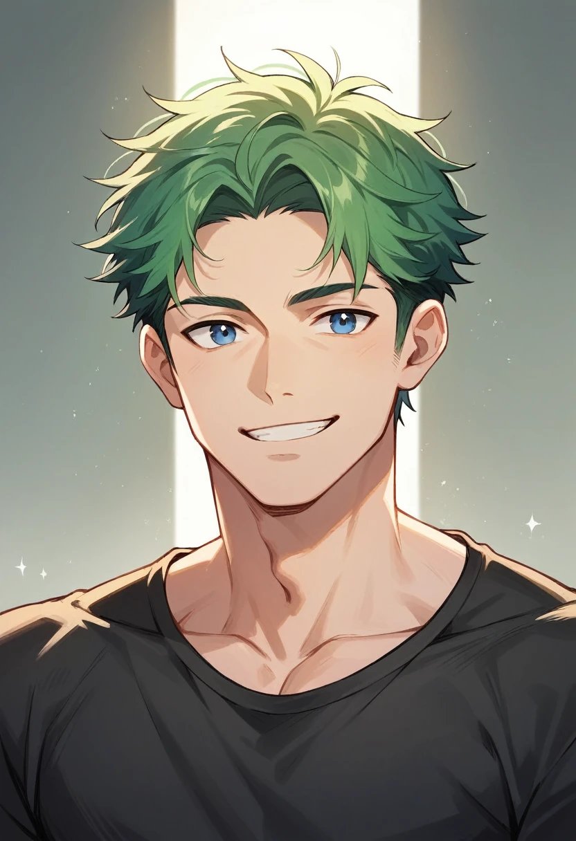 Solo, Male, smile facial, masterpiece, highres, green hair, blue eyes, black casual shirt