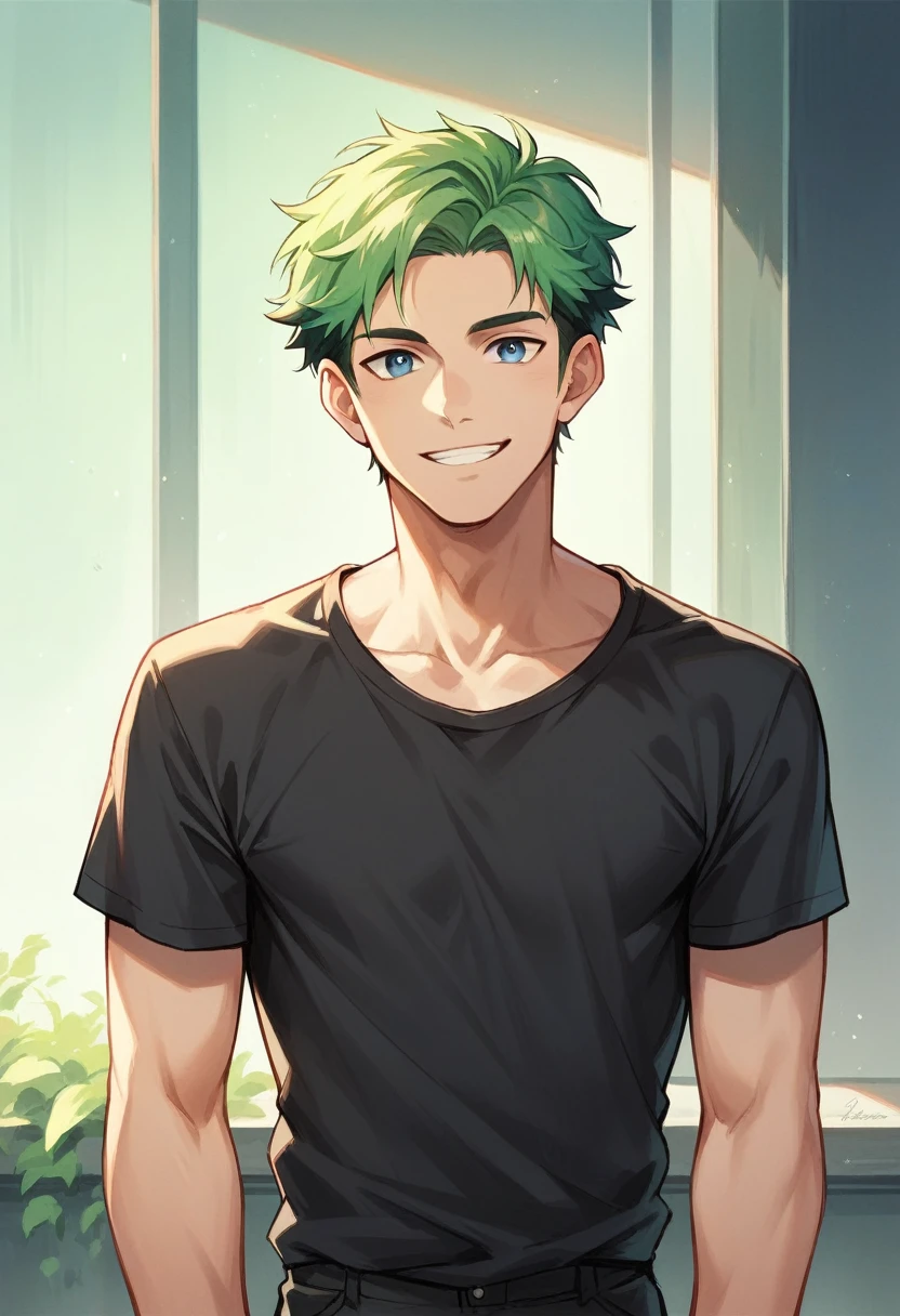Solo, Male, smile facial, masterpiece, highres, green hair, blue eyes, black casual shirt