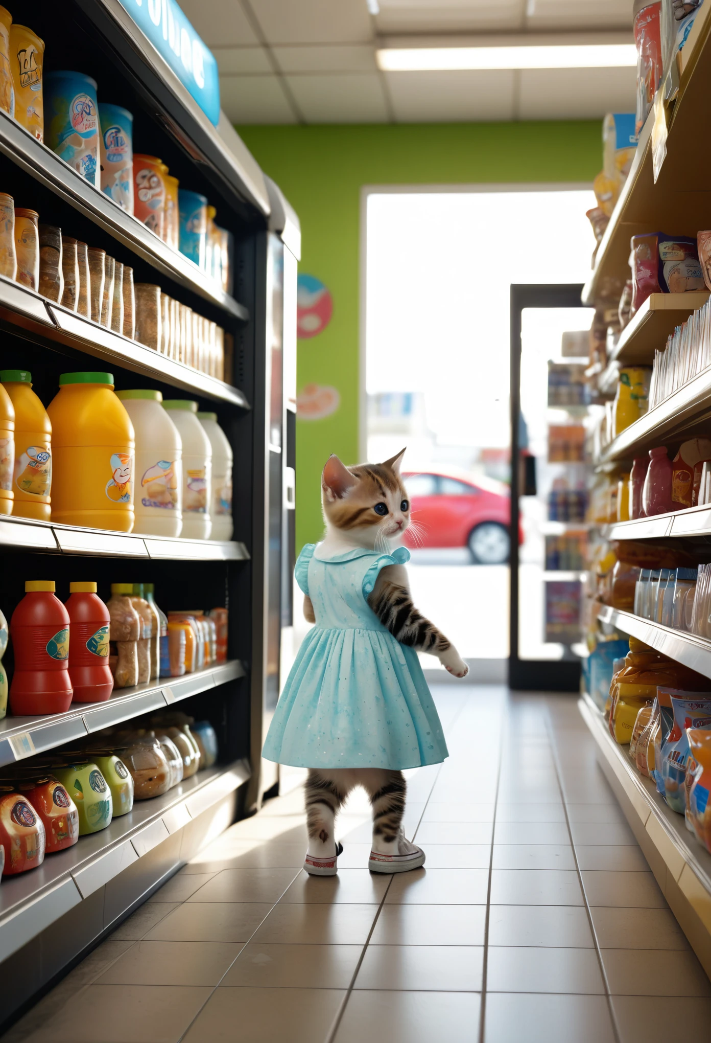 photoart_style,(Photo Surrealism, 2 cute baby cats, anthropomorphic kittens, chubby round-headed, wearing a colorful dress and sneakers, standing next to a convenience store shelf, talking, in a convenience store, perspective, natural light, bright picture, high resolution, movie quality with high detail, best picture quality, HD, 8k),realistic,(film grain),ultrarealistic 4k,cinematic light,light glare,light flare,perfect composition, dynamic play of light, rich colors, epic shot, perfectly quality, natural textures,high detail, photoshadow, (natural colors, correct white balance, color correction, dehaze),(intricate detailed),