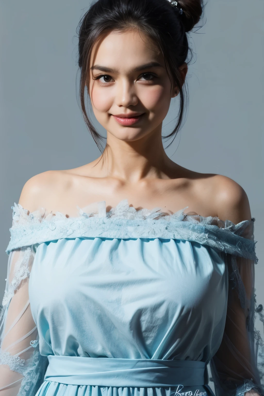 Transparent transparency, (Light Blue Chubby Strapless Dress), adorable, 1 girl, (face to face), , baby face, happy, half body portrait, (face details: 1), (eye details:1), ((big breasts)). wearing transparent transparency long shirt, .. Cute posed. proportional body. Ultra High Res. realistic: 1.4, UHD, poke a bun Hairstyle , lace