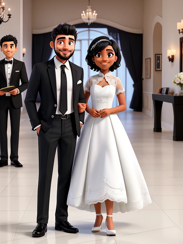 A man in a black suit with short hair and a beard, and a woman with black hair in a white wedding dress. Happy couple smiling.