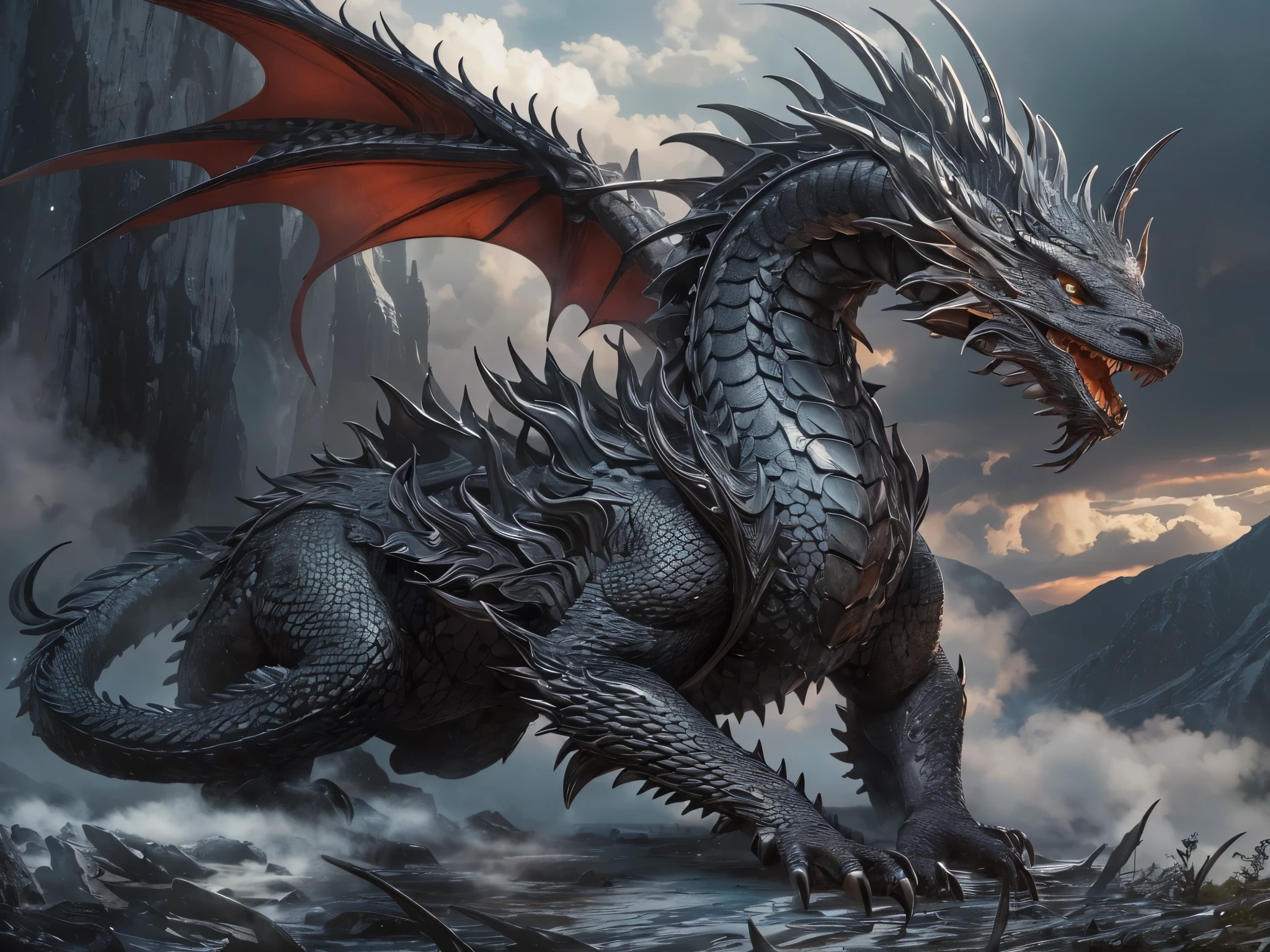 ((Highest quality)),(Ultra-high resolution),(Ultra-detailed new),(Detailed Description),((The best CG)),(masterpiece),Highly detailed art,A wonderful new art form,(Art with precise details:1.5), cloud, dragon:1.9,(Brave and courageous:1.6),(Shiny black scales in intricate detail:1.6)