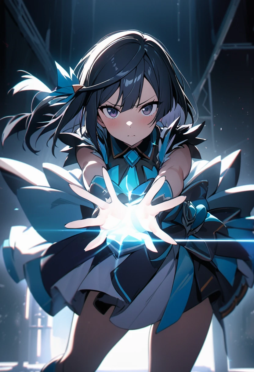 (Yuuki Setsuna), cool, dramatic pose, (masterpiece, best quality, ultra detailed), (cinematic lighting), blue idol costume, (pov, ), (looking at viewer), incoming hug, closeup,