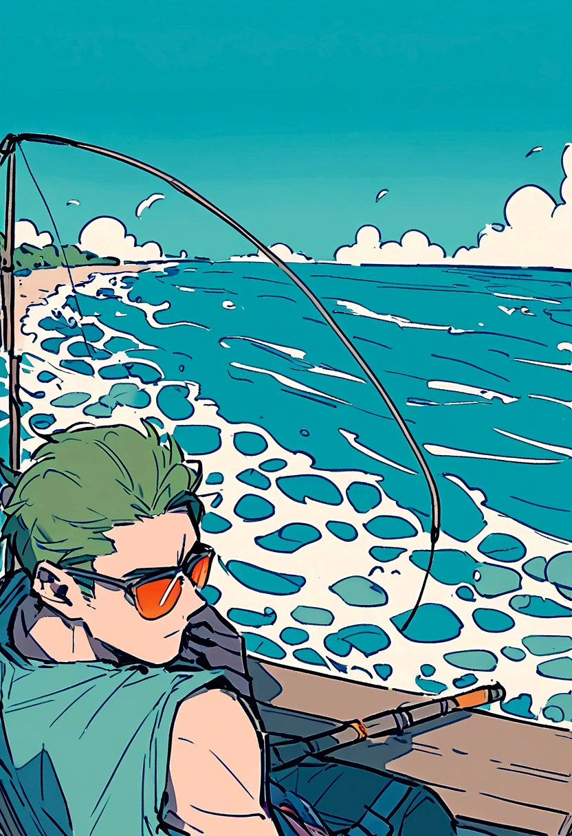 Man 27 years old, sunglasses. Fishing. Sea.