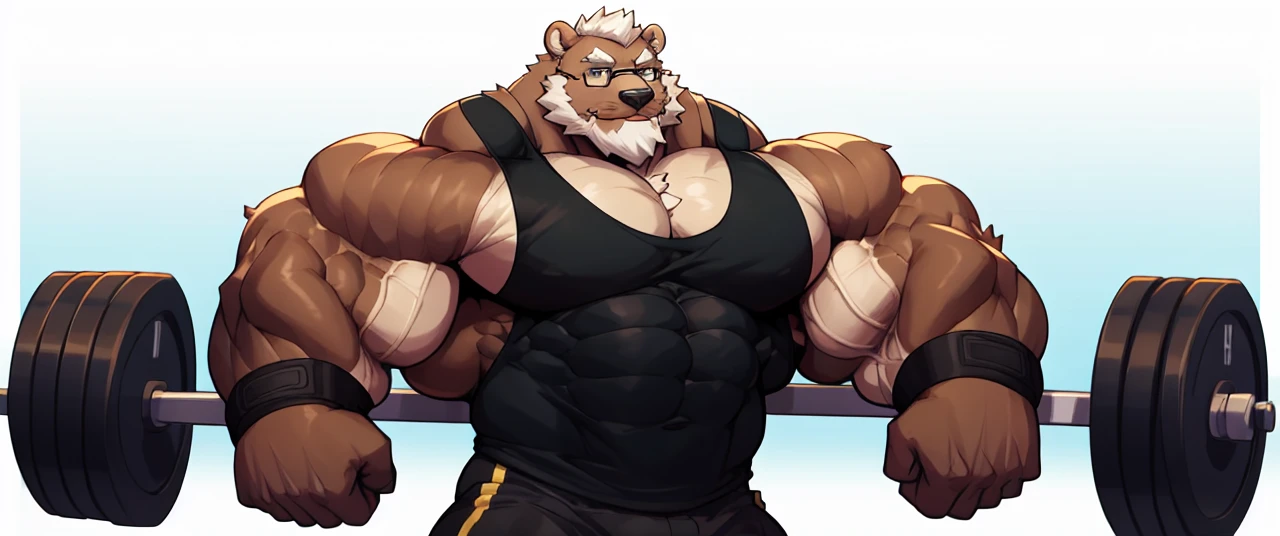 solo, 1boy, Huge Muscular Old Grizzly Bear wearing glasses , pectoral, huge pectoral, wide pectoral, short white hair, short pants, black wristbands and black tank top , bearded, Mustache, simple background, masterpiece, high detailed, 8k, high resolution, at the gym, flexes huge muscles