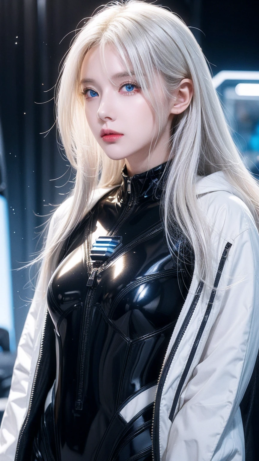 woman ,Golden-white hair,blue eyes,,,Black space suit