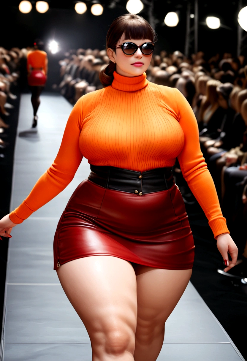 realistic detailed photo, Extremely curvy cosplay fashion model dressed as Velma wearing an orange turtleneck sweater and a red mini skirt flat muscular stomach, small waste and extra wide hips, walking down the runway, shot sony a6400 camera