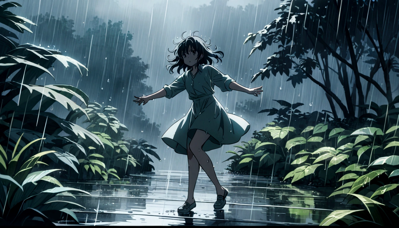 score 9, source anime, wide shot, a young girl dancing in the rain, dynamic pose, perfect face, playful expression, messy hair, wet skin, rain drops, outdoor garden scene, lush green foliage, overcast sky, dramatic lighting, moody colors, cinematic, best quality, 8k, highres, masterpiece, ultra-detailed,