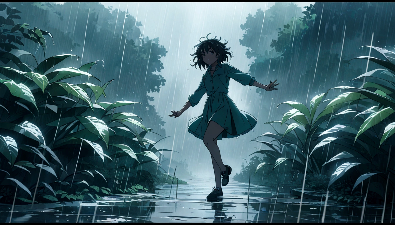 score 9, source anime, wide shot, a young girl dancing in the rain, dynamic pose, perfect face, playful expression, messy hair, wet skin, rain drops, outdoor garden scene, lush green foliage, overcast sky, dramatic lighting, moody colors, cinematic, best quality, 8k, highres, masterpiece, ultra-detailed,
