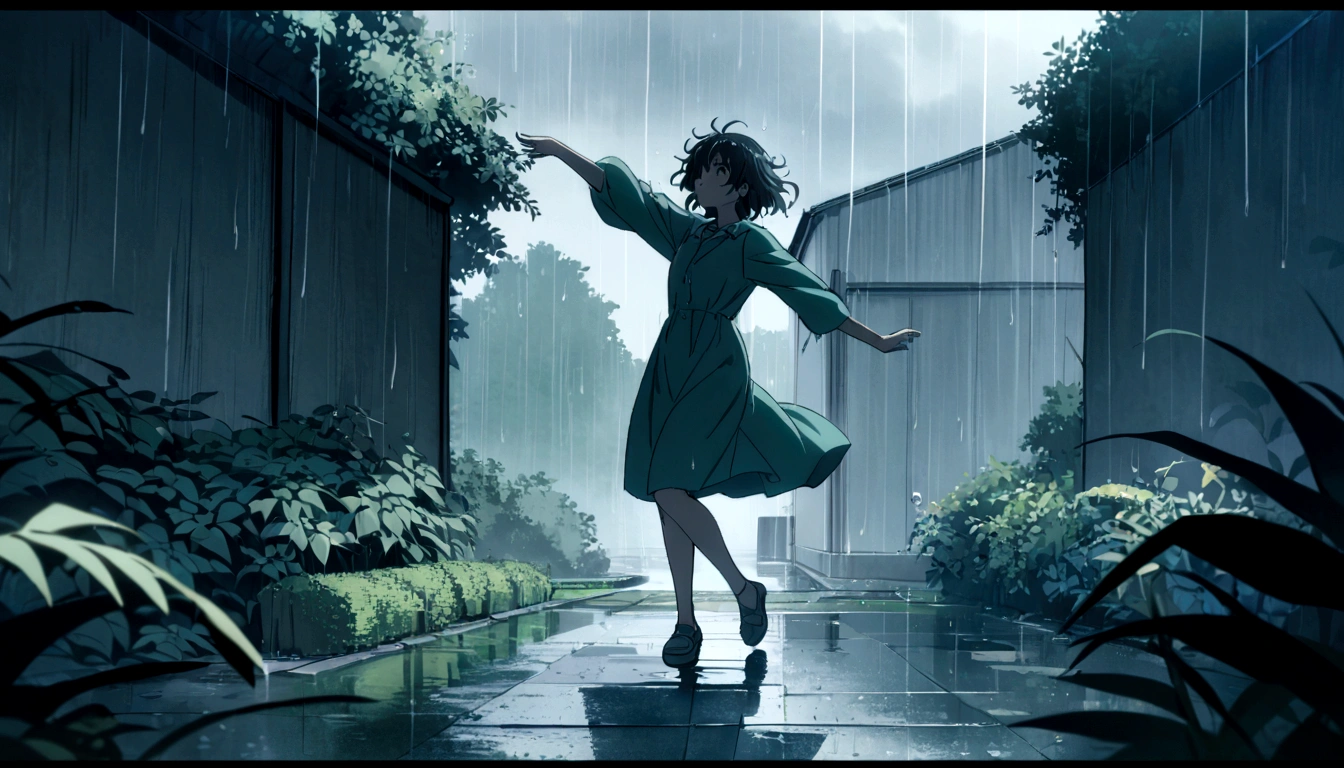 score 9, source anime, wide shot, a young girl dancing in the rain, dynamic pose, perfect face, playful expression, messy hair, wet skin, rain drops, outdoor garden scene, lush green foliage, overcast sky, dramatic lighting, moody colors, cinematic, best quality, 8k, highres, masterpiece, ultra-detailed,