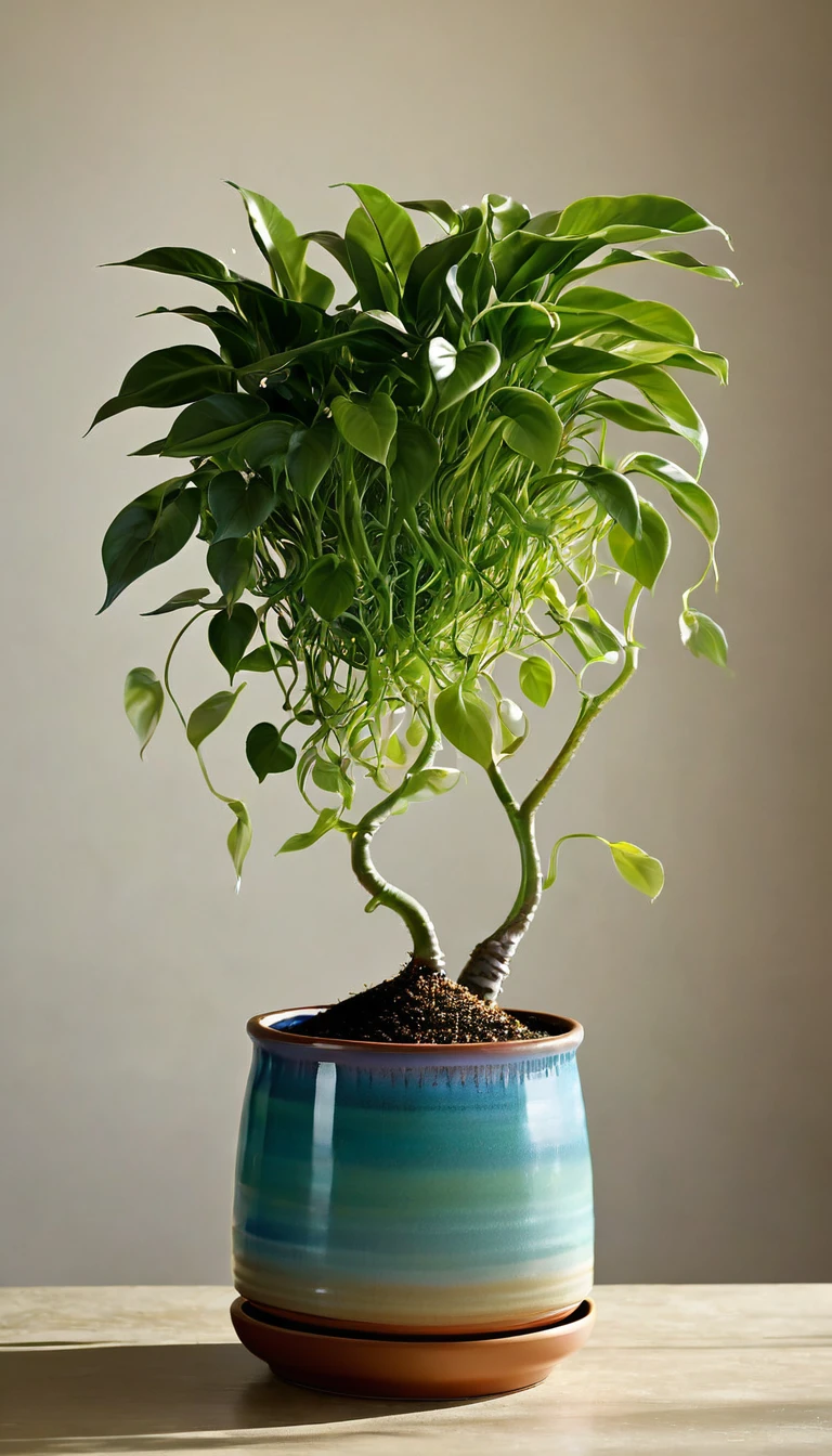 "In a cozy corner of a sunlit room, there stands a small plant in a vibrant, ceramic pot. This isn't just any plant; its leaves and stems seem to sway and twirl as if dancing to a silent, enchanting melody. Each gentle movement tells a story of joy and vitality. Describe the scene and the magical quality of this dancing plant. How does it move? What kind of music might it be dancing to? How does it make you feel as you watch it
