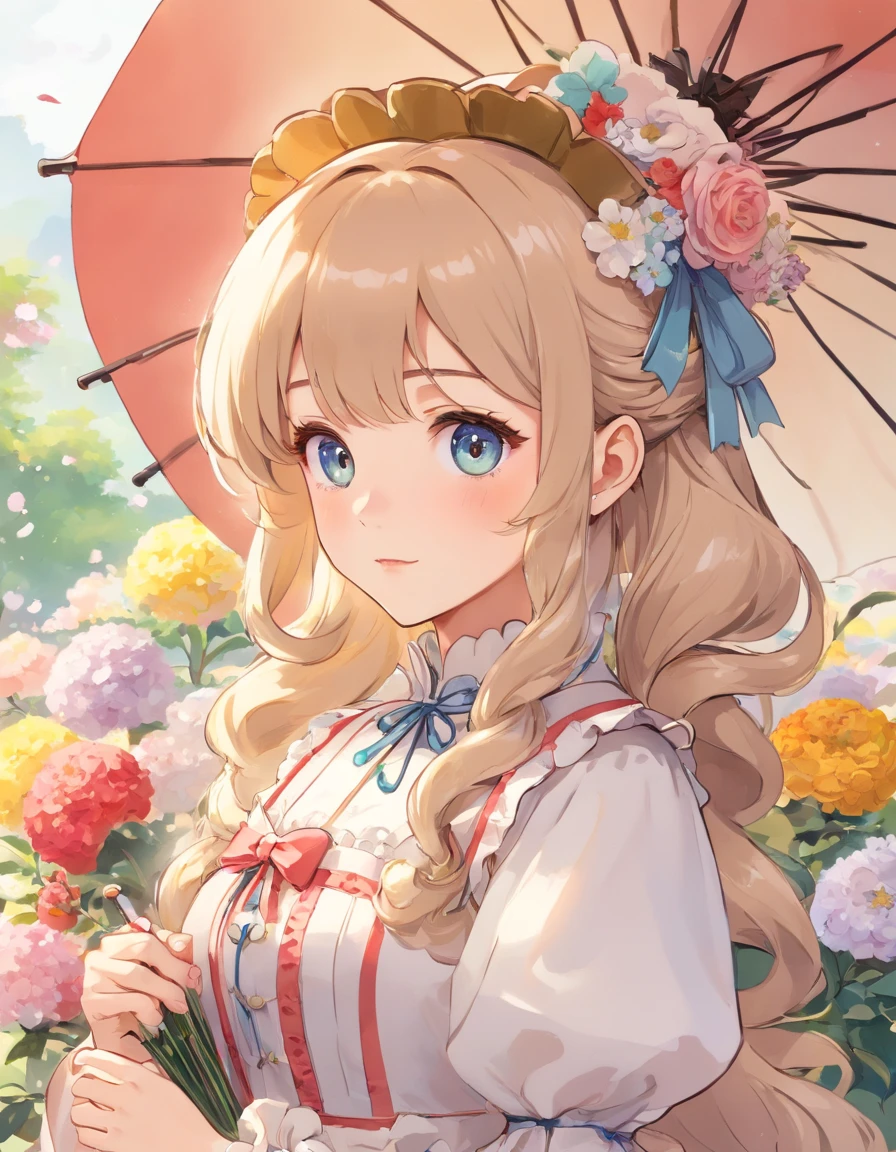 (Masterpiece), (best quality), illustration of Victorian Girl、kawaii girl、aniime、 1. **lo fashion**: Victorian fashion is characterized by dressy and elegant design。Ruffles and laces、corsets、Try incorporating elements such as long dresses。 2. **hairstyle on**: Women's hairstyles in the Victorian era are often complex and delicate。Upstyling and curling、It is also a good idea to add ribbons and floral ornaments to the hair.。 3. **Features**: girl features with soft features、Beautiful、kawaii、intelligent Beatty, Beautiful 5. **accessorized**: Accessories played an important role in the Victorian era。Hats、gloves、umbrellas, etc.、By drawing accessories with attention to detail、You can give your character personality。 Nice dress、florals、Luxurious costumes、PastelColors, (shining brightly), ((dazzling)), (floating a lot of flower petals, ((2D)), ((paper art))