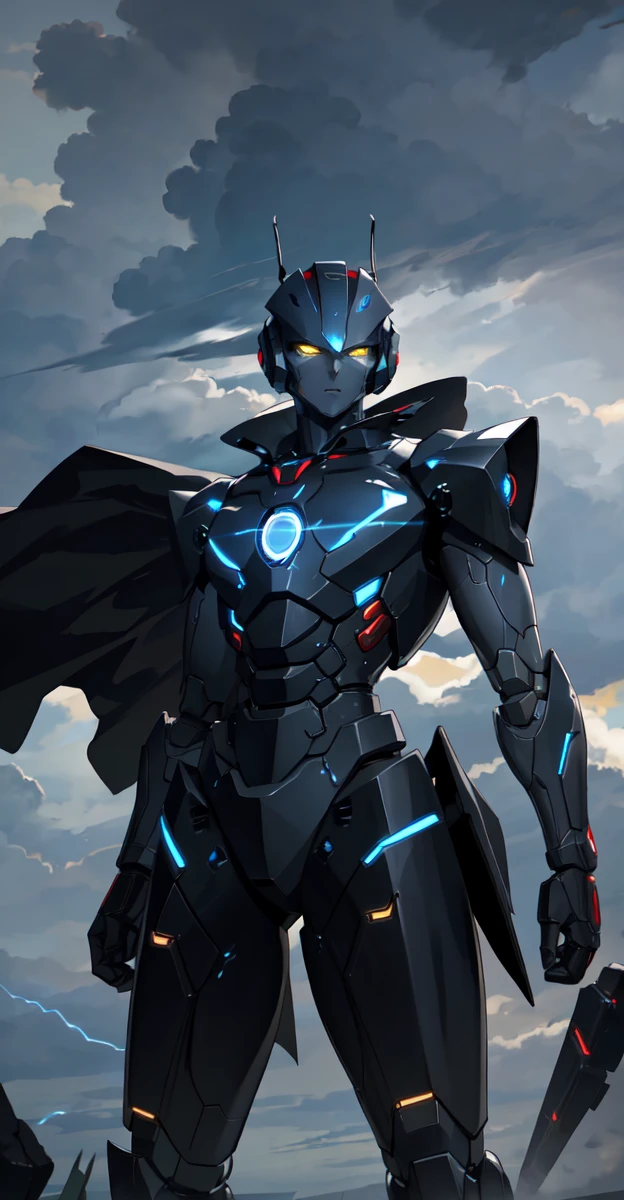 A colossal robot standing in the midst of a violent thunderstorm. The robot has a powerful and intimidating presence with a sleek, armored body in shades of dark blue and red. Its eyes are glowing brightly, and a radiant energy core is visible on its chest. Lightning bolts are striking around and onto the robot, illuminating the scene with intense, dramatic light. The robot’s cape is tattered and flutters in the fierce wind. The background is filled with dark, stormy clouds, with occasional bursts of lightning cutting through the sky. The overall atmosphere is intense and electrifying, conveying a sense of epic power and dominance.