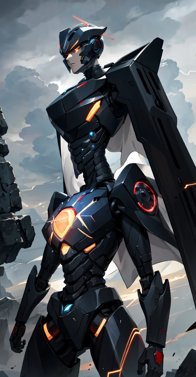 A colossal robot standing in the midst of a violent thunderstorm. The robot has a powerful and intimidating presence with a sleek, armored body in shades of dark blue and red. Its eyes are glowing brightly, and a radiant energy core is visible on its chest. Lightning bolts are striking around and onto the robot, illuminating the scene with intense, dramatic light. The robot’s cape is tattered and flutters in the fierce wind. The background is filled with dark, stormy clouds, with occasional bursts of lightning cutting through the sky. The overall atmosphere is intense and electrifying, conveying a sense of epic power and dominance.