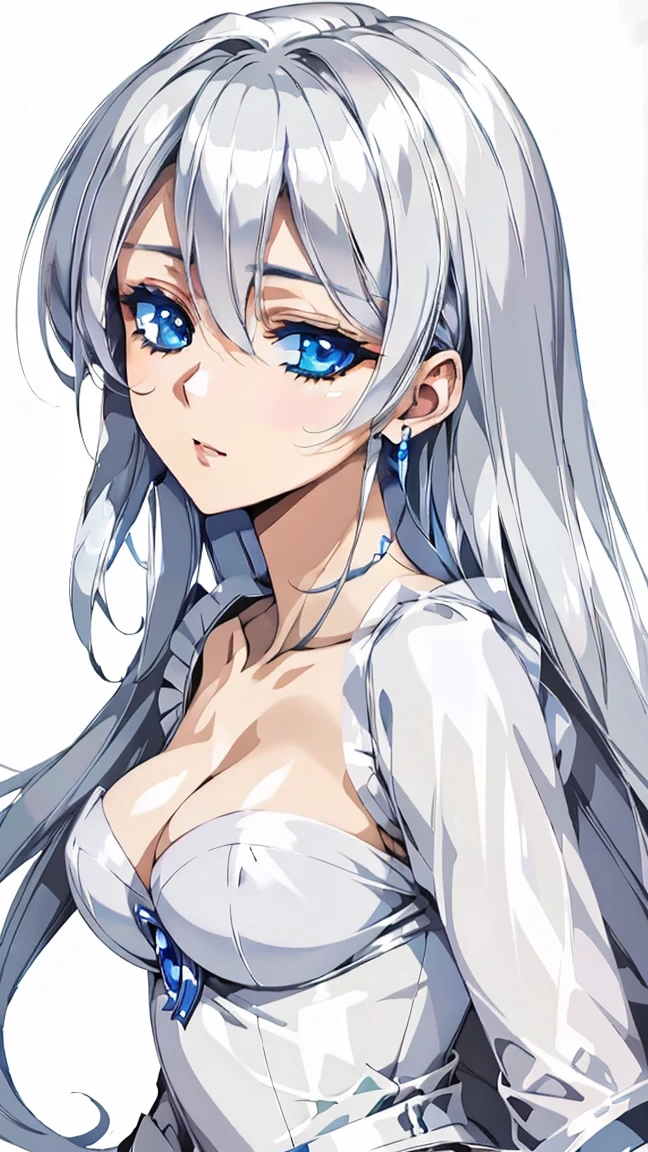 (masterpiece),((Highly detailed long silver hair)),((expressive blue eyes)),(Highly detailed white dress),deep cleavage,(happy expression),extremely beautiful mature woman, milf,pale white skin,silver jewelry,best quality,cel shading,8K HD,highly detaild face, highly detaild eyes,flat color,digital color,(close angle),low contrast,contrapposto,white background,#Anime,#concept,#aged,#woman,#slider, photo of perfecteyes ,eyes perfecteyes eyes