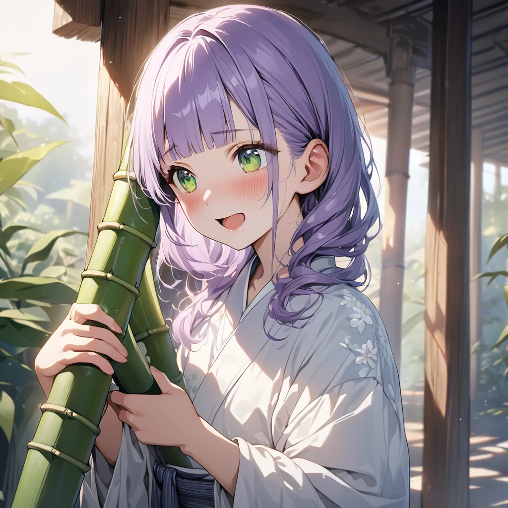 masterpiece, ultra detailed, 8K, a girl, kawaii, light atmosphere, (Cute a tsundere girl:1.5), anime visual, (tilt head:1.3), extremely delicate face, realistic lighting and shading, (an extremely delicate and beautiful art:1.3), a girl,blush,Japanese-style white colored yukata, cowboy shot, pale purple hair, blunt bangs hair, green eyes, indigo-colored Oshima Tsumugi, A girl with her mouth open and laughing, holding a bunch of long bamboo with many leaves in her hands,