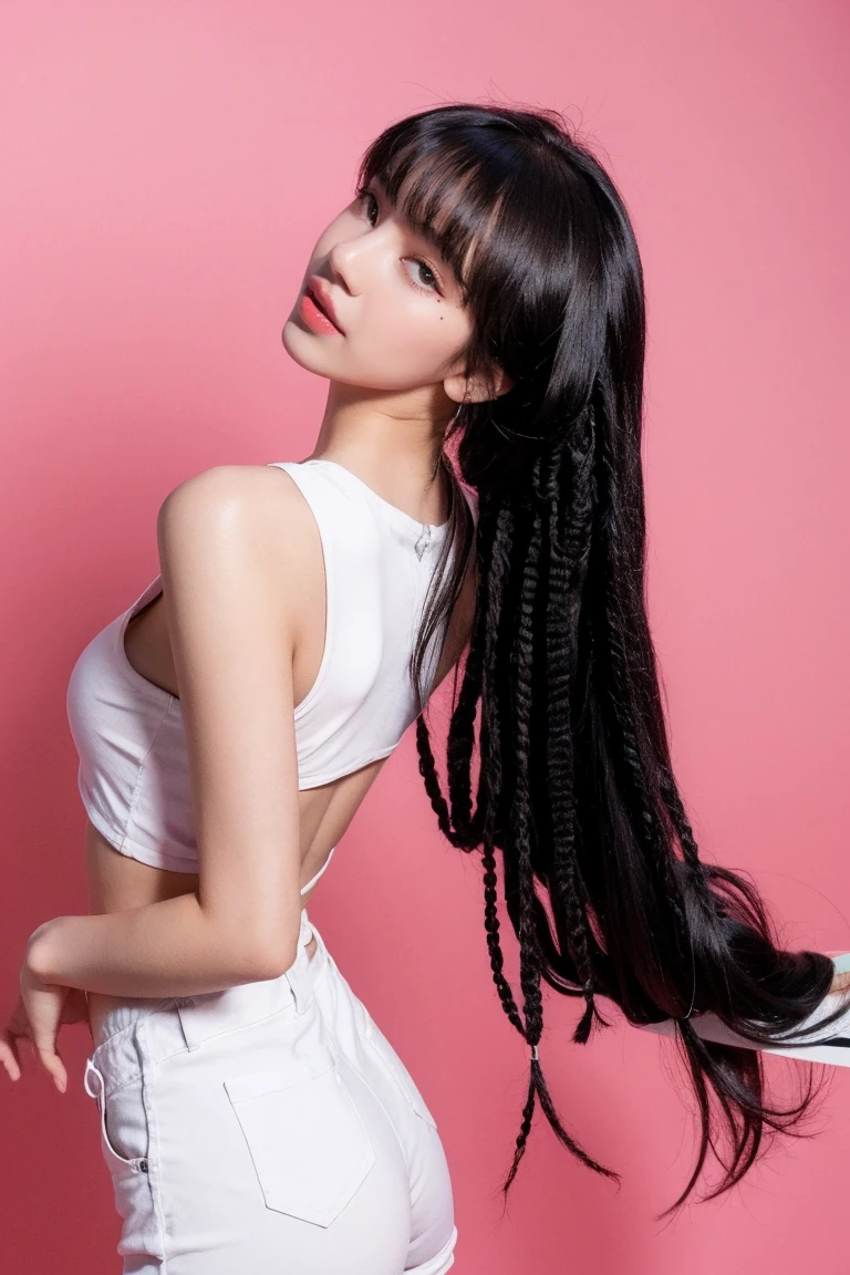 21yo girl, pink background, beautiful black dreds