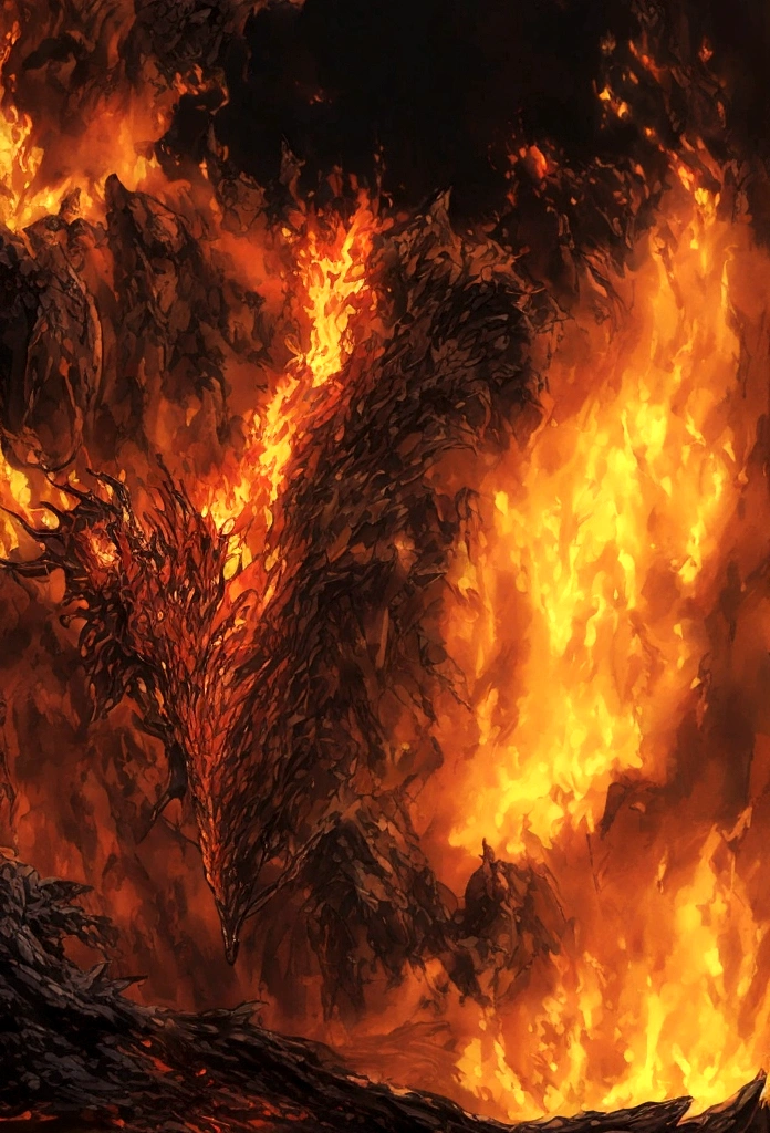 best quality, masterpiece, big fire dragon, volcano eruption, fire storm, ultra-detailed, realistic, photo-realistic:1.37, HDR, UHD, studio lighting, ultra-fine painting, sharp focus,  extreme detail description, professional, vivid colors, bokeh, cinematic lighting, dramatic, epic, fantasy, concept art