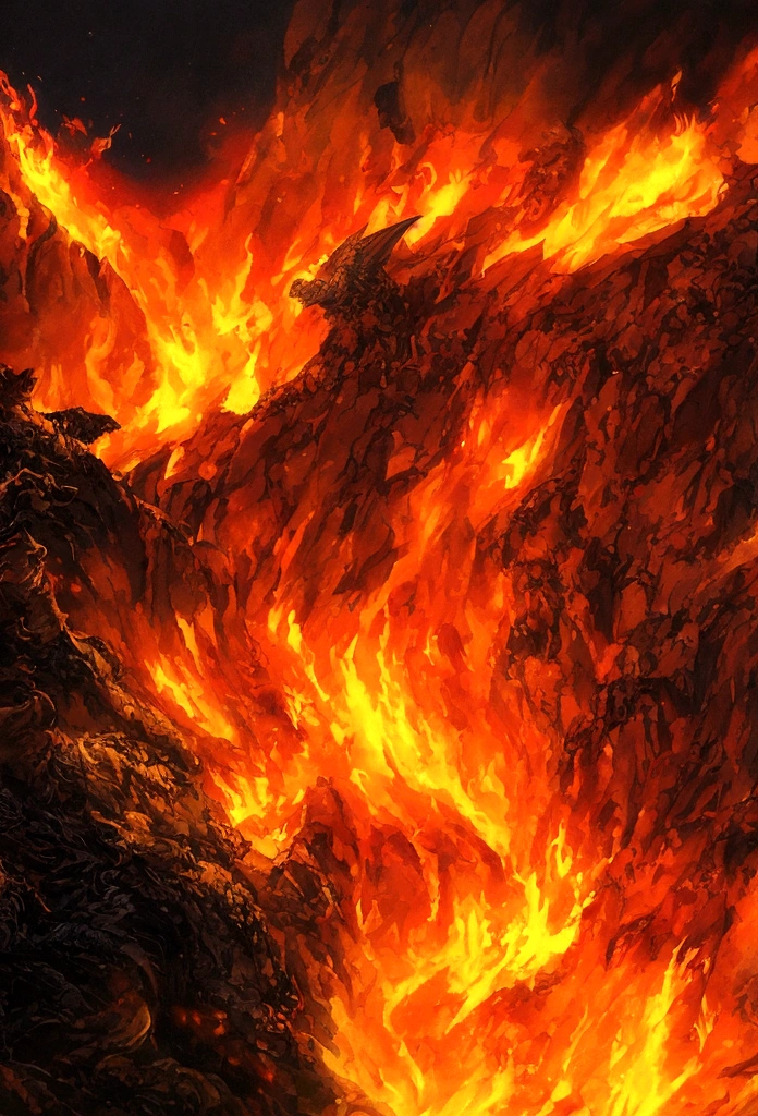 best quality, masterpiece, big fire dragon, volcano eruption, fire storm, ultra-detailed, realistic, photo-realistic:1.37, HDR, UHD, studio lighting, ultra-fine painting, sharp focus,  extreme detail description, professional, vivid colors, bokeh, cinematic lighting, dramatic, epic, fantasy, concept art