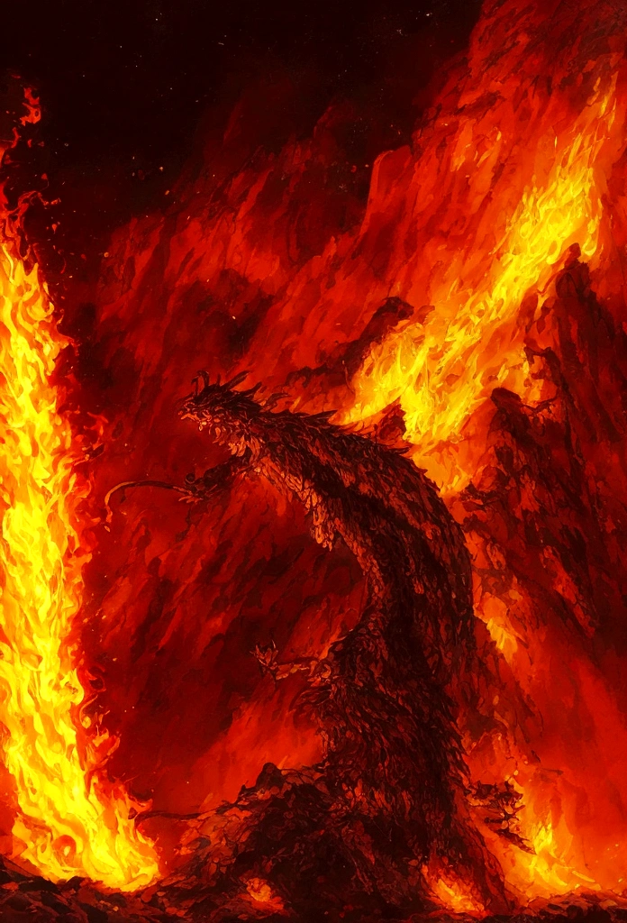 best quality, masterpiece, big fire dragon, volcano eruption, fire storm, ultra-detailed, realistic, photo-realistic:1.37, HDR, UHD, studio lighting, ultra-fine painting, sharp focus,  extreme detail description, professional, vivid colors, bokeh, cinematic lighting, dramatic, epic, fantasy, concept art