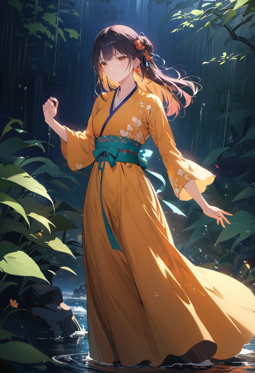 A beautiful young girl in traditional Chinese hanfu dress, dancing gracefully in the rain, detailed facial features, long dark hair, elegantpose, serene expression, beautiful water droplets, dramatic lighting, cinematic atmosphere, highly detailed, 8K, photorealistic, vibrant colors, beautiful natural scenery, lush greenery, intricate fabric textures，Exquisite makeup